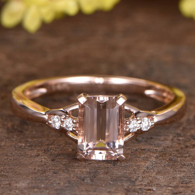 1 CT Emerald Cut Morganite Diamond 925 Sterling Silver Solitaire With Accent Wedding Ring