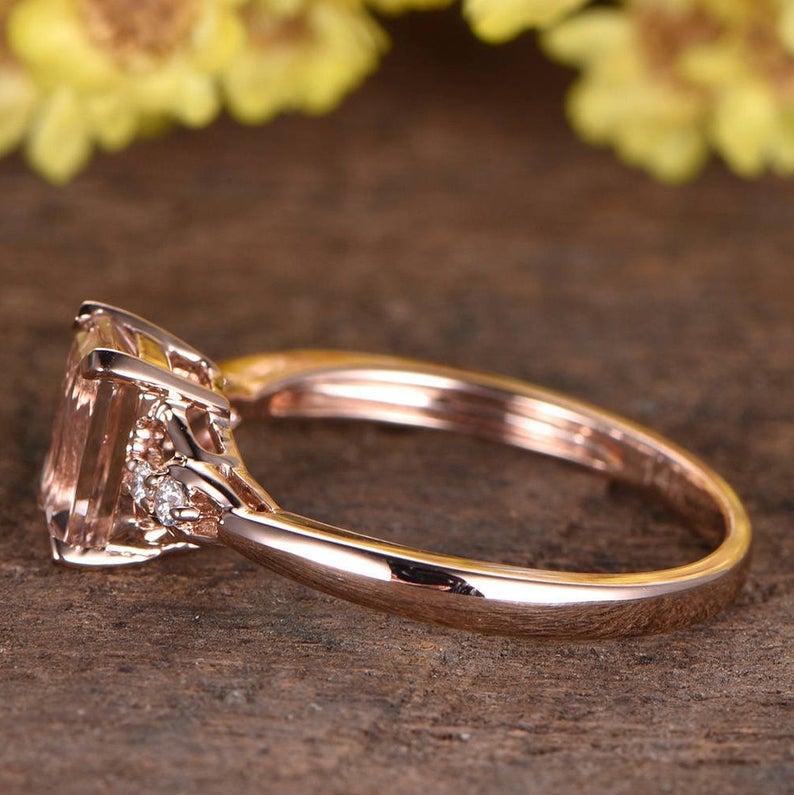 1 CT Emerald Cut Morganite Diamond 925 Sterling Silver Solitaire With Accent Wedding Ring