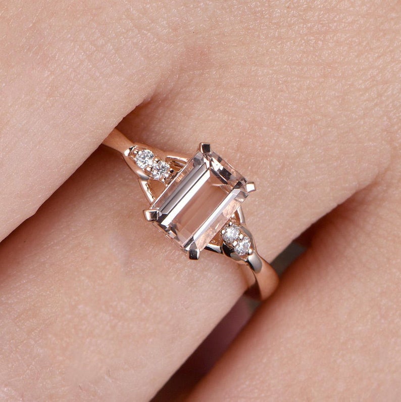 1 CT Emerald Cut Morganite Diamond 925 Sterling Silver Solitaire With Accent Wedding Ring