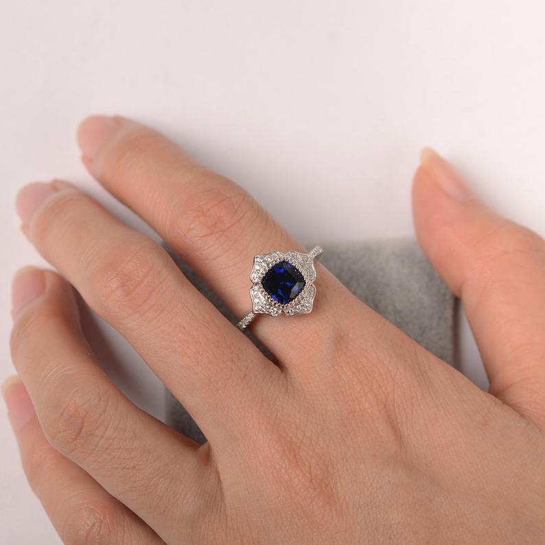 1.35 CT Cushion Cut  Blue Sapphire 925 Sterling Silver Floral Engagement Ring