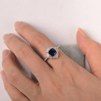 1 CT Cushion Cut Blue Sapphire Diamond 925 Sterling Silver Flower Halo Engagement Ring For Women