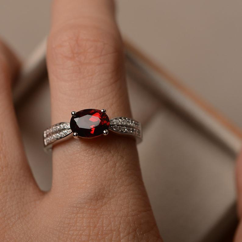 1.50 Ct Oval Cut Red Garnet Solitaire W/Accents January Birthstone Ring In 925 Sterling Silver