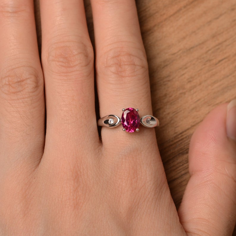 1.20 Ct Oval Cut Red Ruby & Round CZ 925 Sterling Silver Three-Stone Promise Gift Ring