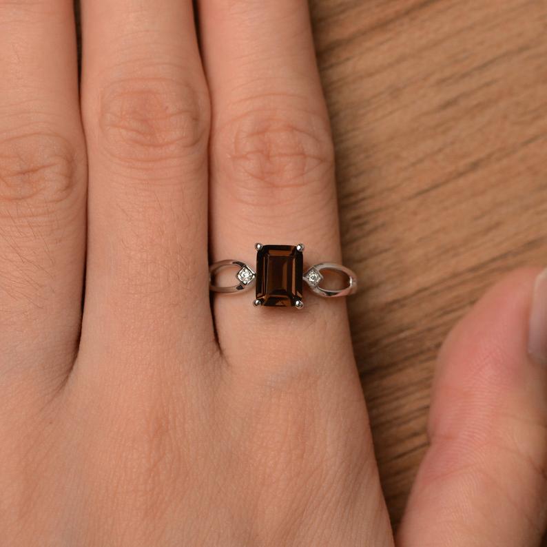 1.50 Ct Emerald Cut Smoky Quartz 925 Sterling Silver Split Shank Anniversary Gift Ring For Her