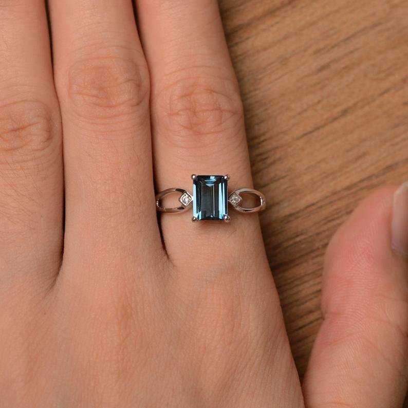 1.20 Ct Emerald Cut London Blue Topaz 925 Sterling Silver Three-Stone Promise Ring