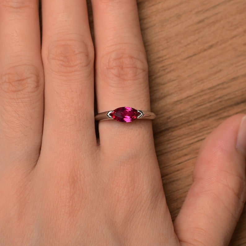 1.00 Ct Marquise Cut Pink Ruby Solitaire July Birthstone Ring In 925 Sterling Silver