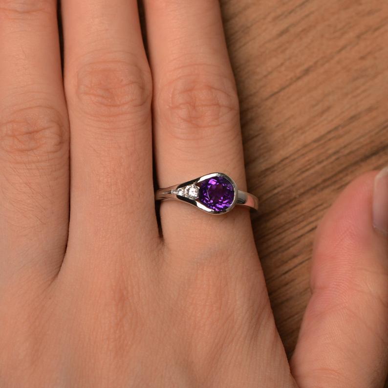 1.20 Ct Round Cut Purple Amethyst & White CZ Unique February Birthstone Ring In 925 Sterling Silver