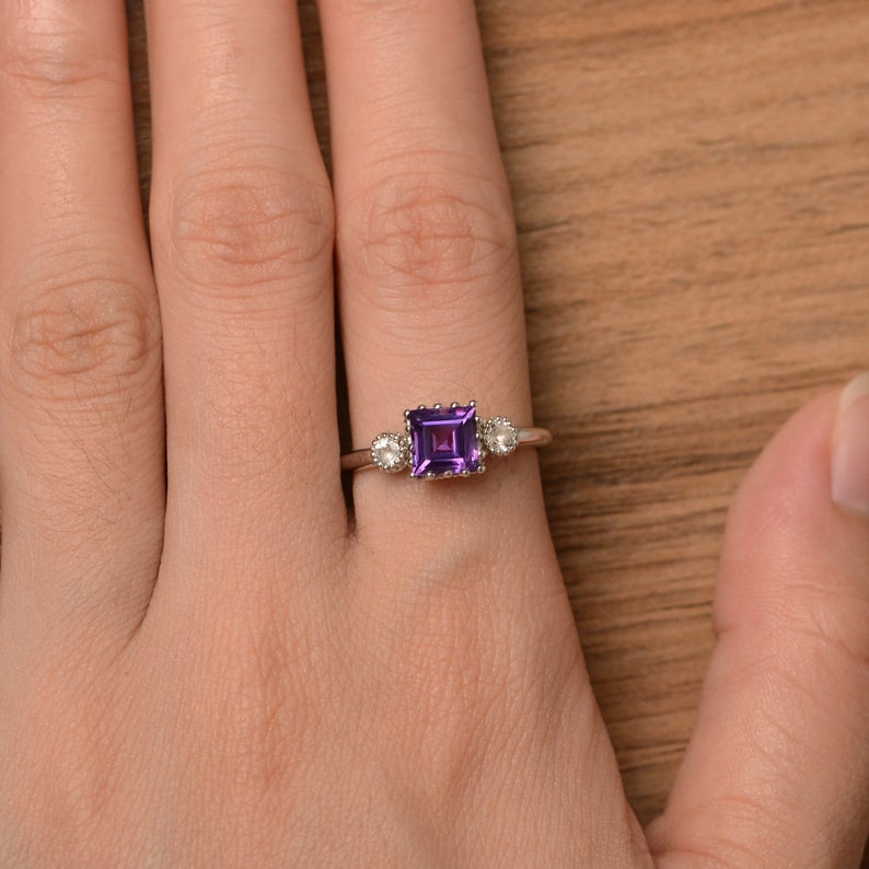 2.20 Ct Princess Cut Purple Amethyst & Round CZ Three-Stone Promise Gift Ring In 925 Sterling Silver
