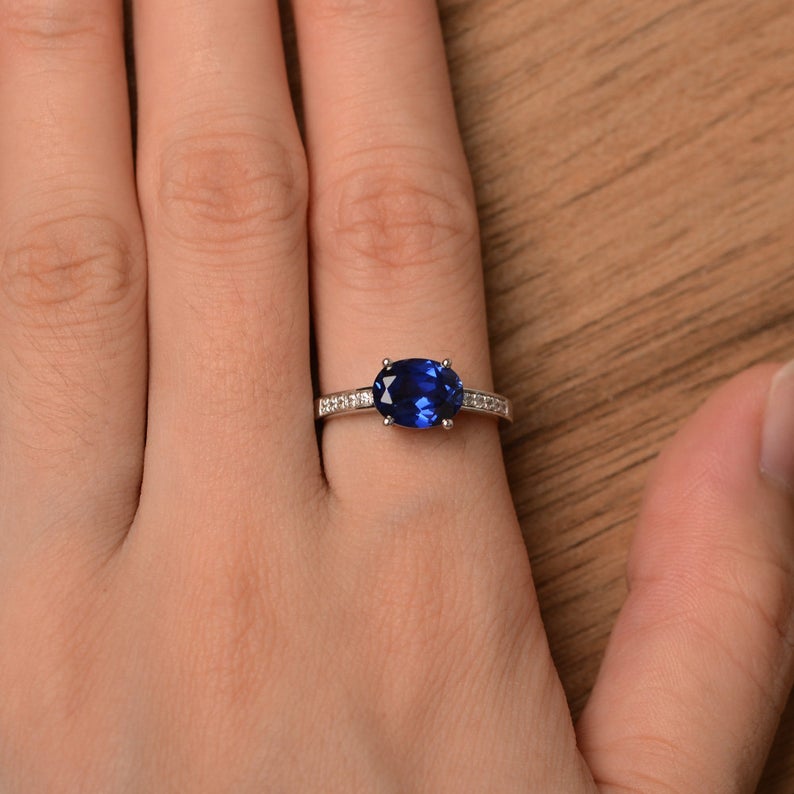 2 Ct Oval Cut Blue Sapphire 925 Sterling Silver Solitaire W/Accents Engagement Ring
