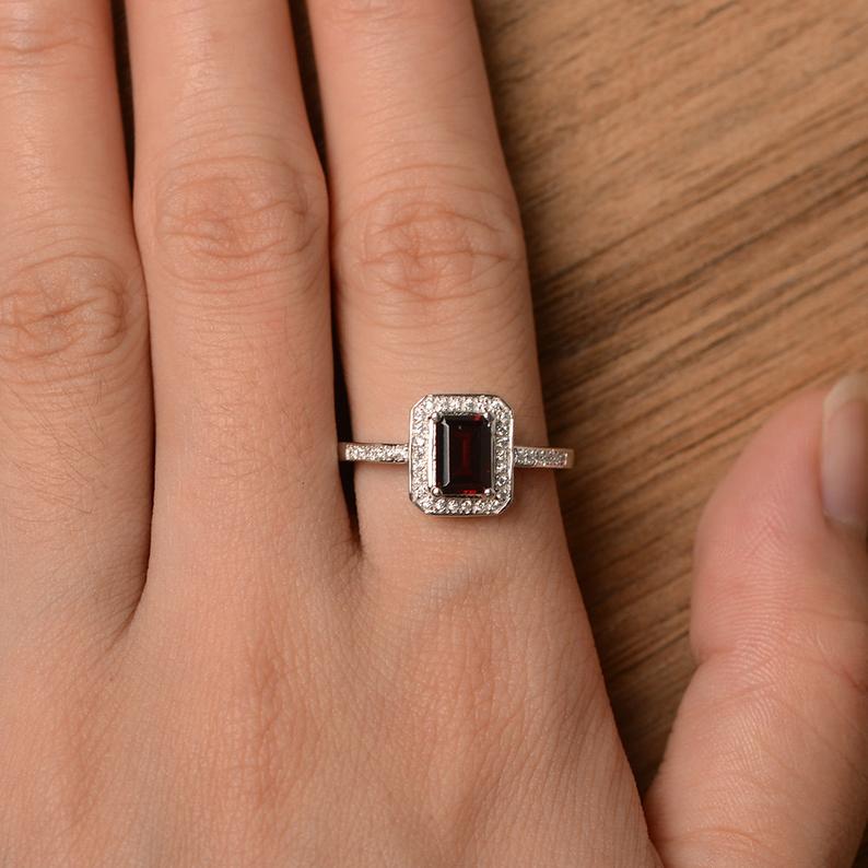 1.50 Ct Emerald Cut Red Garnet 925 Sterling Silver Halo Engagement Ring