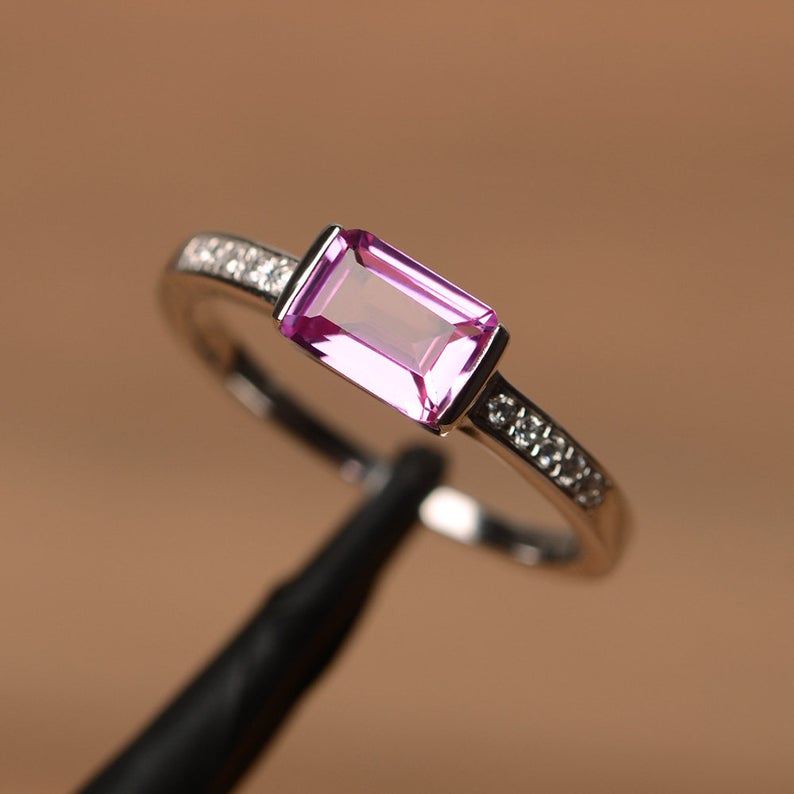 Ct Emerald Cut Pink Sapphire Bezel Set Pretty Engagement Ring In 925  Sterling Silver