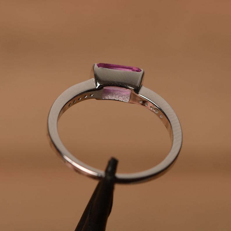 1.25 Ct Emerald Cut Pink Sapphire Bezel Set Pretty Engagement Ring In 925 Sterling Silver