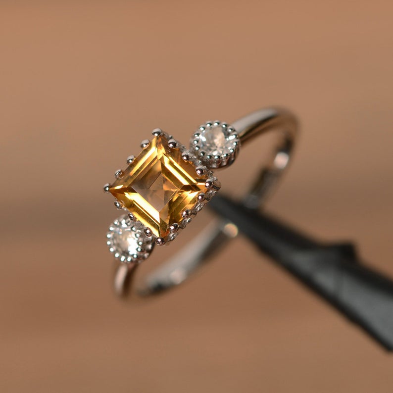1.50 Ct Princess Cut Yellow Citrine & Round CZ Three-Stone Promise Ring  In 925 Sterling Silver