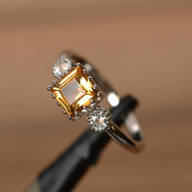 1.50 Ct Princess Cut Yellow Citrine & Round CZ Three-Stone Promise Ring  In 925 Sterling Silver