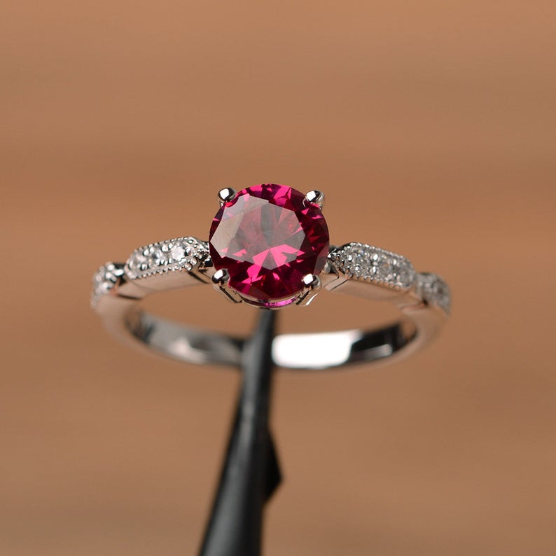 1.20 Ct Round Cut Red Ruby 925 Sterling Silver Solitaire W/Accents Engagement ring
