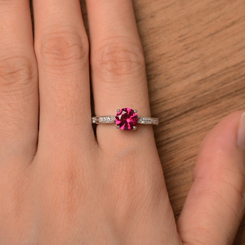 1.20 Ct Round Cut Red Ruby Solitaire W/Accents Anniversary Gift Ring In 925 Sterling Silver