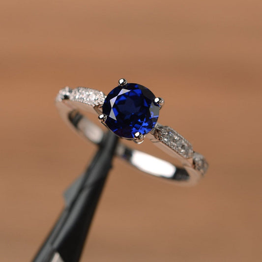 1.20 Ct Round Cut Blue Sapphire Solitaire W/Accents Engagement Ring In 925 Sterling Silver
