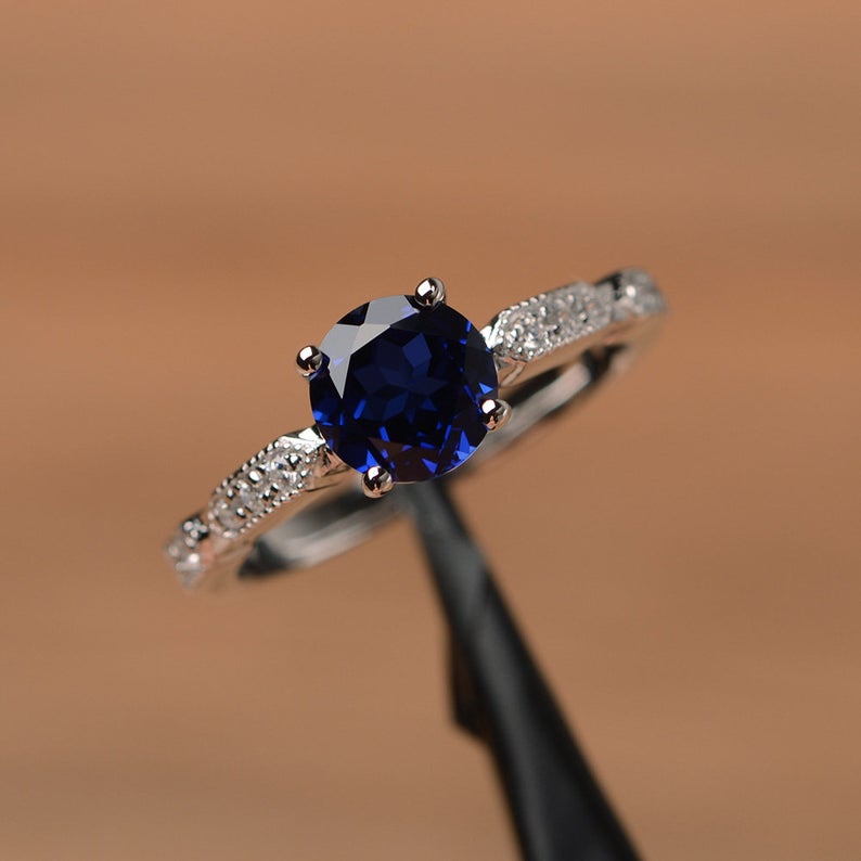 1.20 Ct Round Cut Blue Sapphire Solitaire W/Accents Engagement Ring In 925 Sterling Silver