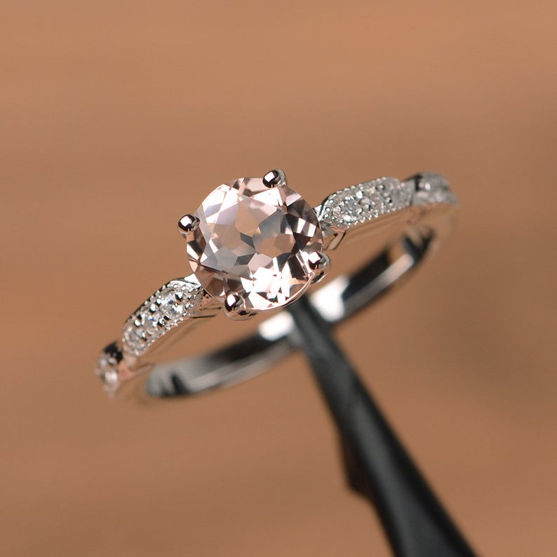 1.20 Ct Round Cut Peach Morganite 925 Sterling Silver Solitaire W/Accents Engagement Ring