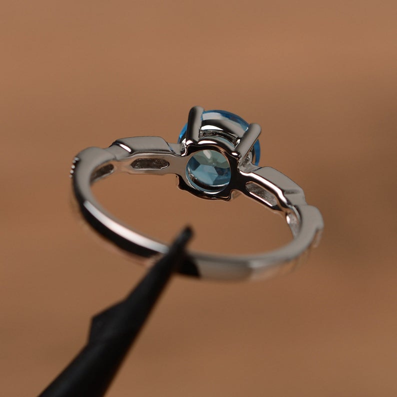 1.25 Ct Round Cut Blue Topaz 925 Sterling Silver Solitaire W/Accents Anniversary Gift Ring For Her