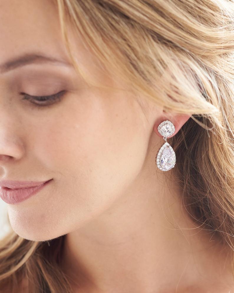 3.50 Ct Pear & Cushion Cut Diamond Halo Engagement Dangle Earrings In 925 Sterling Silver