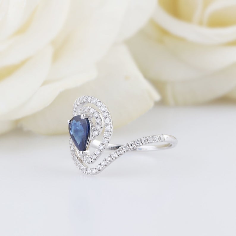 1 Ct Pear Cut Blue Sapphire Diamond 925 Sterling Silver Halo Anniversary Ring Gift