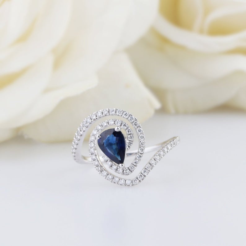 1 Ct Pear Cut Blue Sapphire Diamond 925 Sterling Silver Halo Anniversary Ring Gift