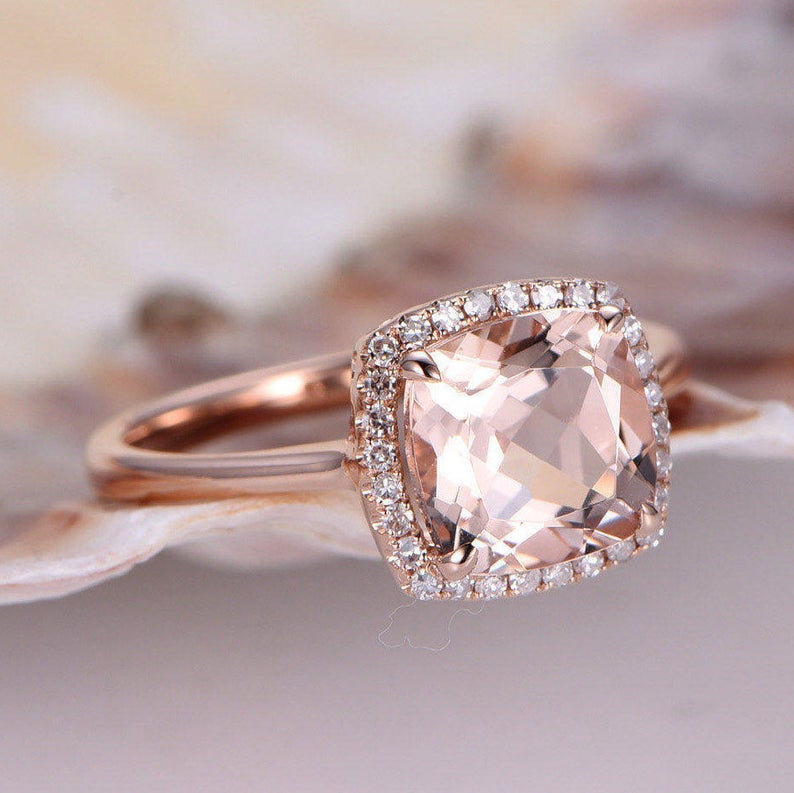 2 CT Cushion Morganite Diamond Rose Gold Over On 925 Sterling Silver Solitaire With Accents Engagement Ring