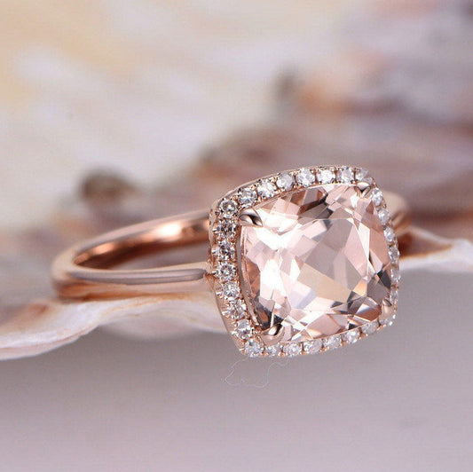 2 CT Cushion Morganite Diamond Rose Gold Over On 925 Sterling Silver Solitaire With Accents Engagement Ring