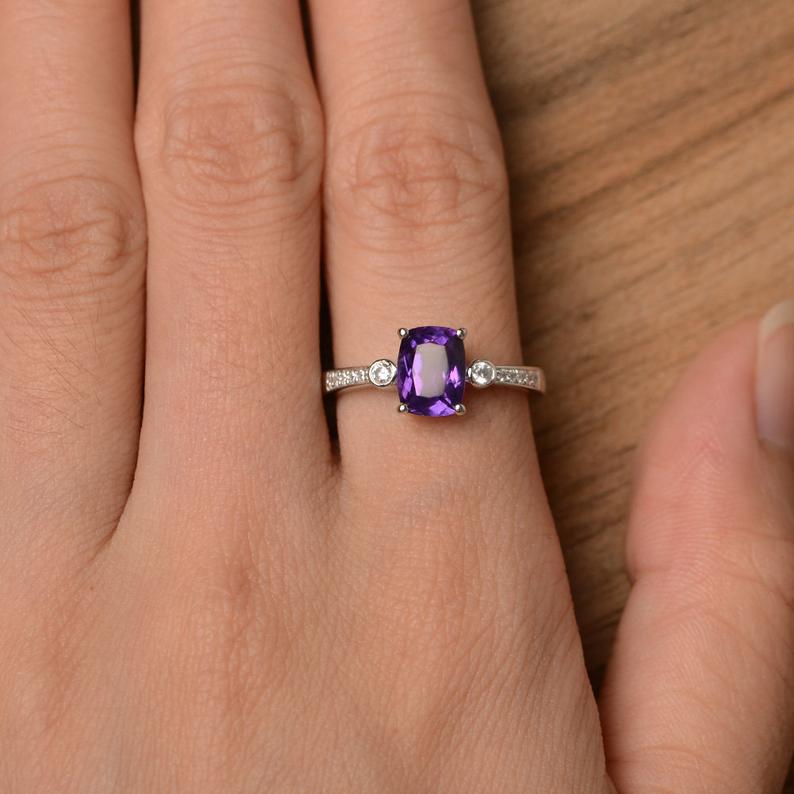 1.50 Ct Cushion Cut Purple Amethyst 925 Sterling Silver Solitaire W/Accents Anniversary Ring