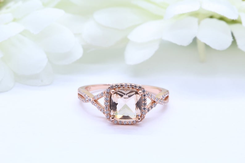1 CT Cushion Cut Morganite CZ Diamond Rose Gold Over On 925 Sterling Silver Halo Infinity Ring
