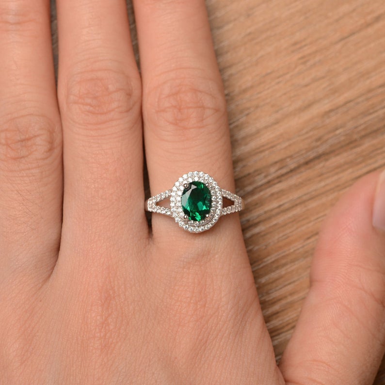 1 CT Oval Cut Green Emerald Diamond White Gold Over On 925 Sterling Silver Double Halo Engagement Ring For Women