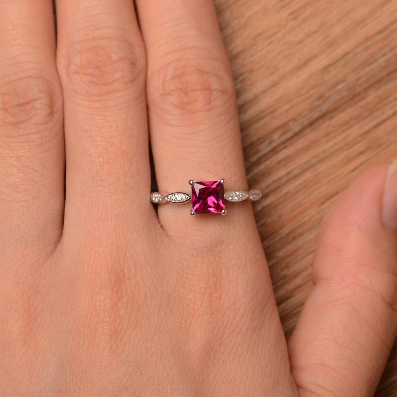 1.25 Ct Princess Cut Red Ruby Solitaire W/Accents Engagement Ring In 925 Sterling Silver