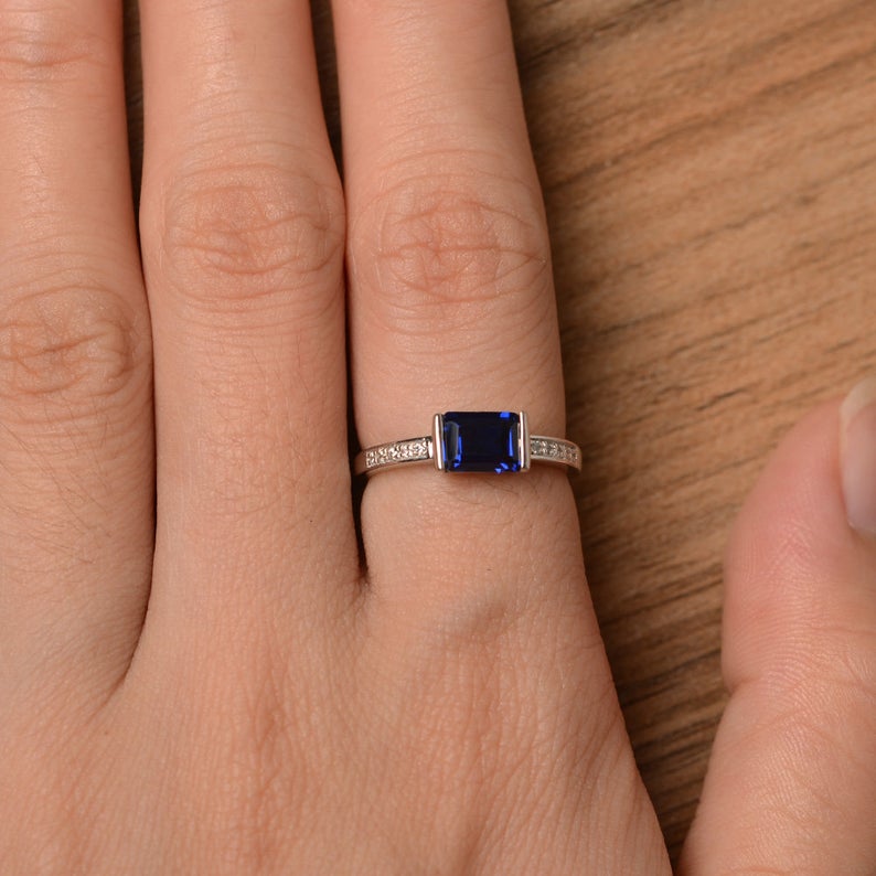 1.25 Ct Emerald Cut Blue Sapphire 925 Sterling Silver Solitaire W/Accents Promise Gift Ring