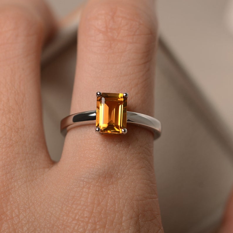 1 Ct Emerald Cut Yellow Citrine 925 Sterling Silver Solitaire Engagement Ring