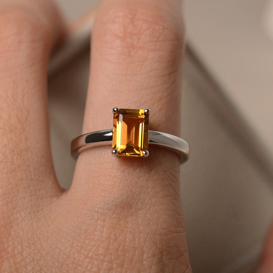 1 Ct Emerald Cut Yellow Citrine 925 Sterling Silver Solitaire Engagement Ring