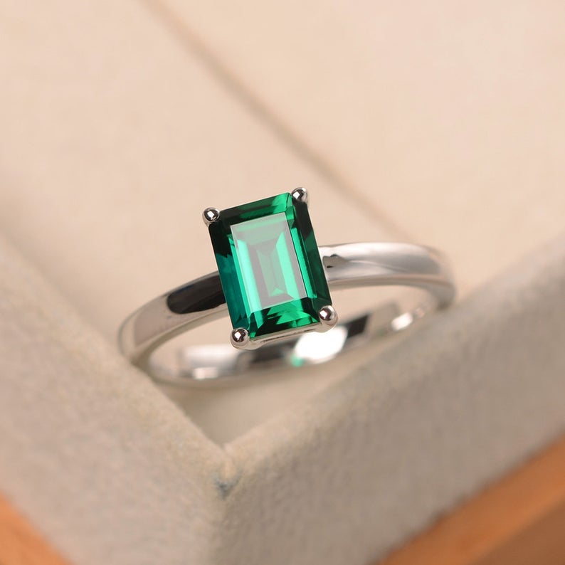 2 Ct Emerald Cut Green Emerald Diamond 925 Sterling Silver Solitaire Promise Ring