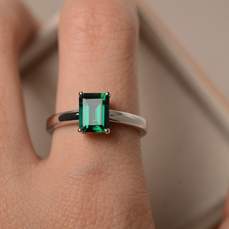 2 Ct Emerald Cut Green Emerald Diamond 925 Sterling Silver Solitaire Promise Ring