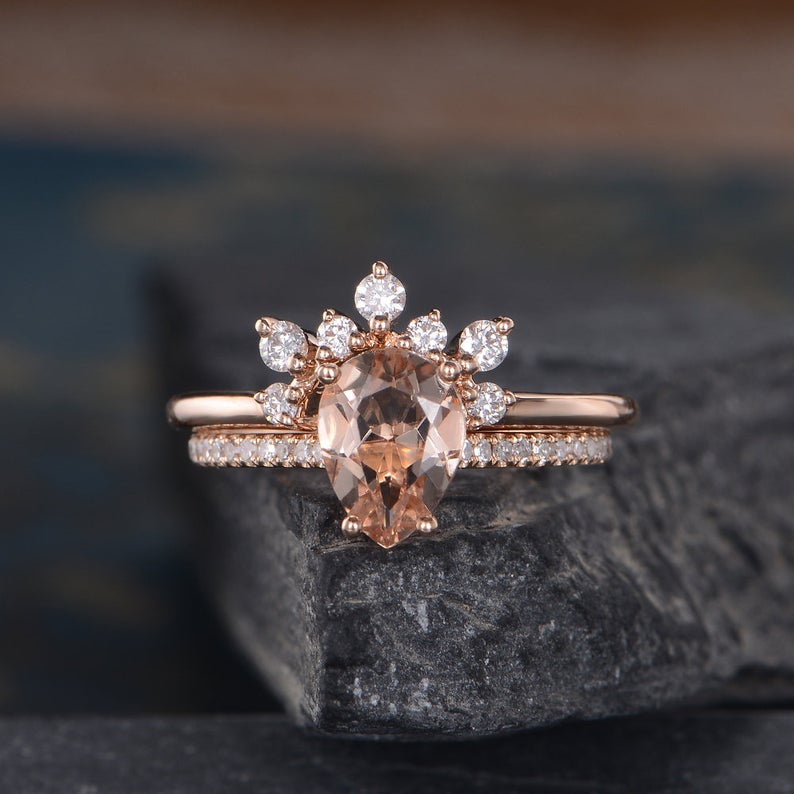1 CT Pear Cut Morganite Diamond 925 Sterling Silver Bridal Set Anniversary Ring