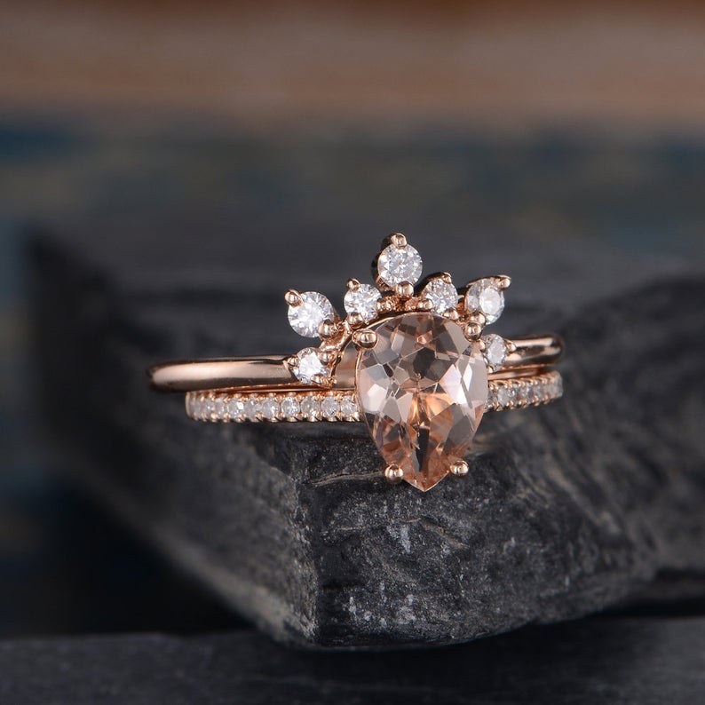 1 CT Pear Cut Morganite Diamond 925 Sterling Silver Bridal Set Anniversary Ring