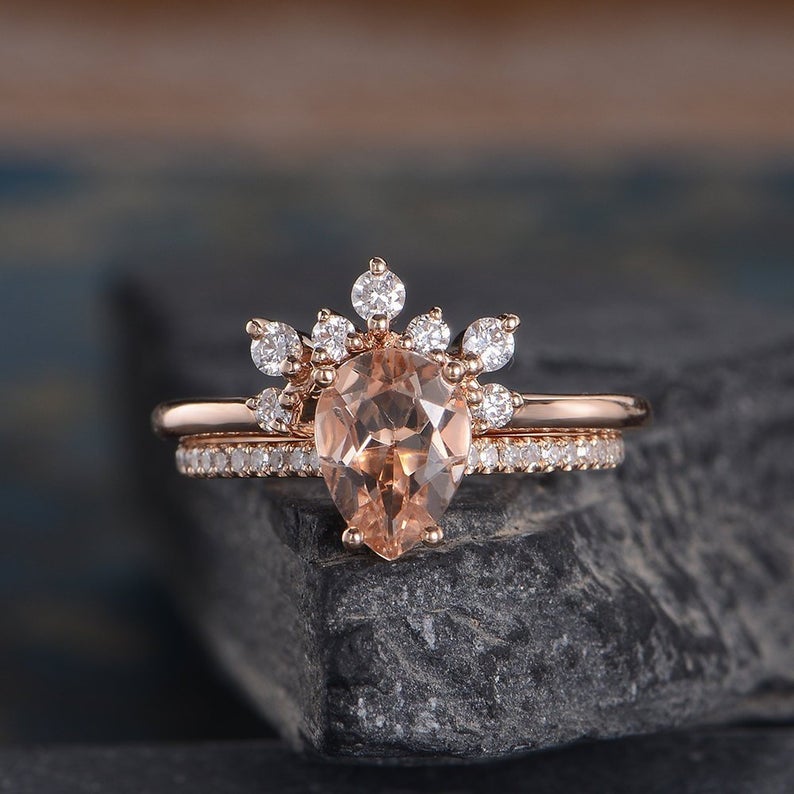 1 CT Pear Cut Morganite Diamond 925 Sterling Silver Bridal Set Anniversary Ring