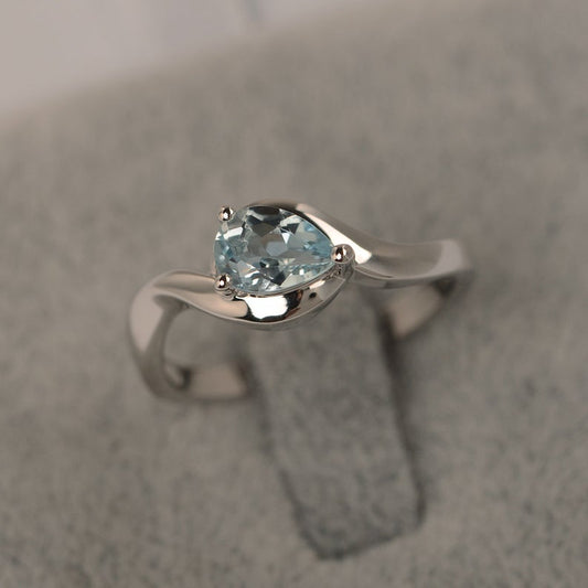 1 CT Pear Cut Aquamarine 925 Sterling Silver Bypass Promise Ring Gift For Her