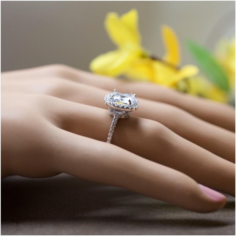 1 CT Cushion Cut White Topaz Diamond White Gold Over On 925 Sterling Silver Halo Promise Ring