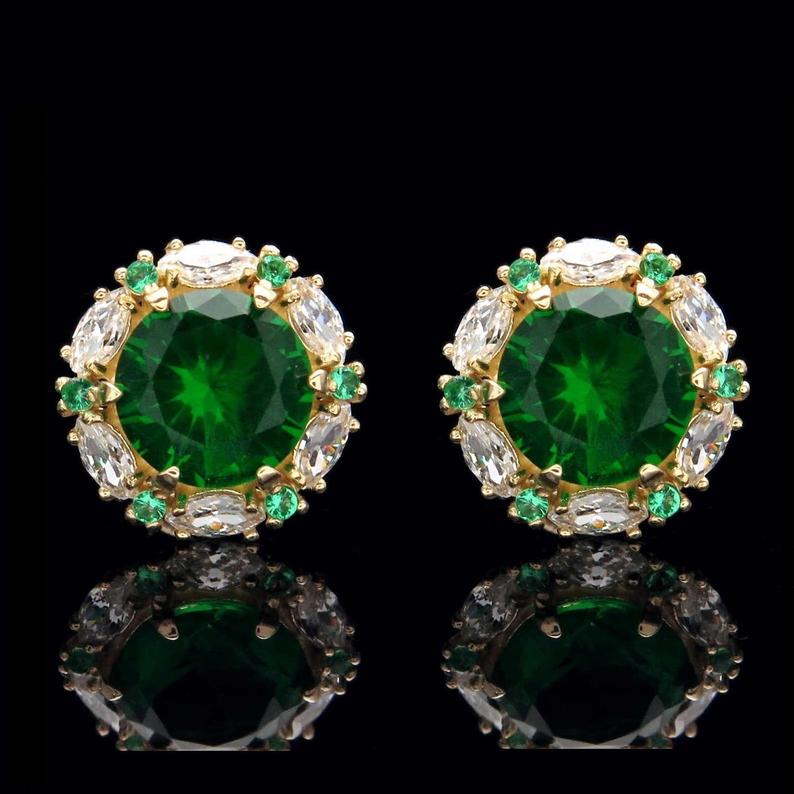 2.35 Ct Round Cut Green Emerald & Marquise CZ Halo Earrings Yellow Gold Over On 925 Sterling Silver