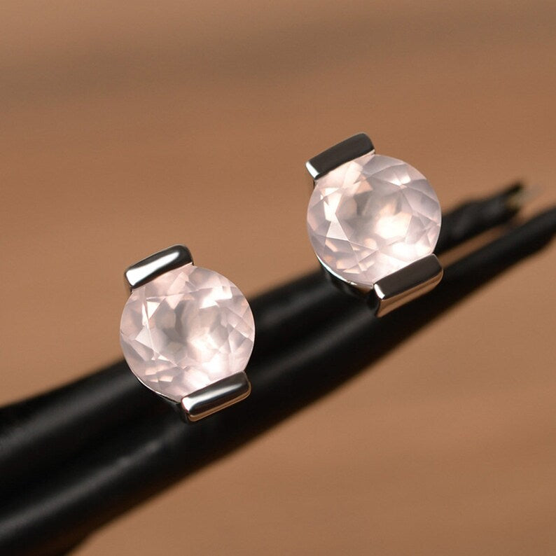 2.00 Ct Round Cut Rose Quartz Bezel Set Solitaire Stud Earrings In 925 Sterling Silver