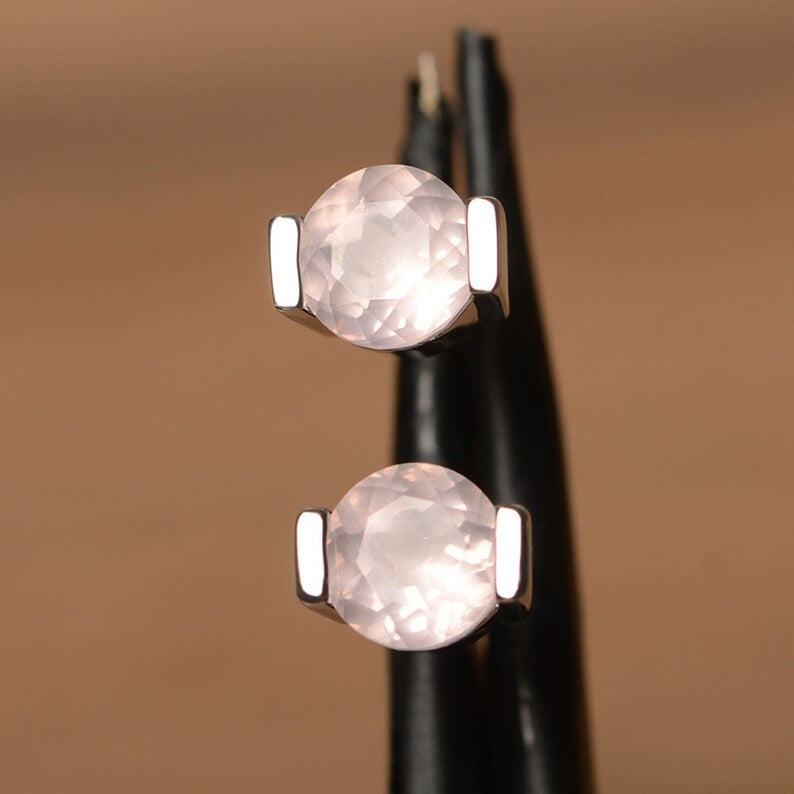 2.00 Ct Round Cut Rose Quartz Bezel Set Solitaire Stud Earrings In 925 Sterling Silver