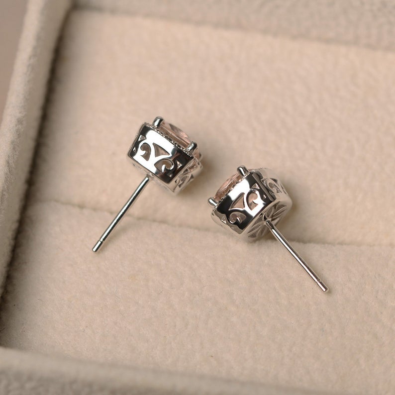 2.20 Ct Cushion Cut Morganite Halo Engagement Earrings In 925 Sterling Silver
