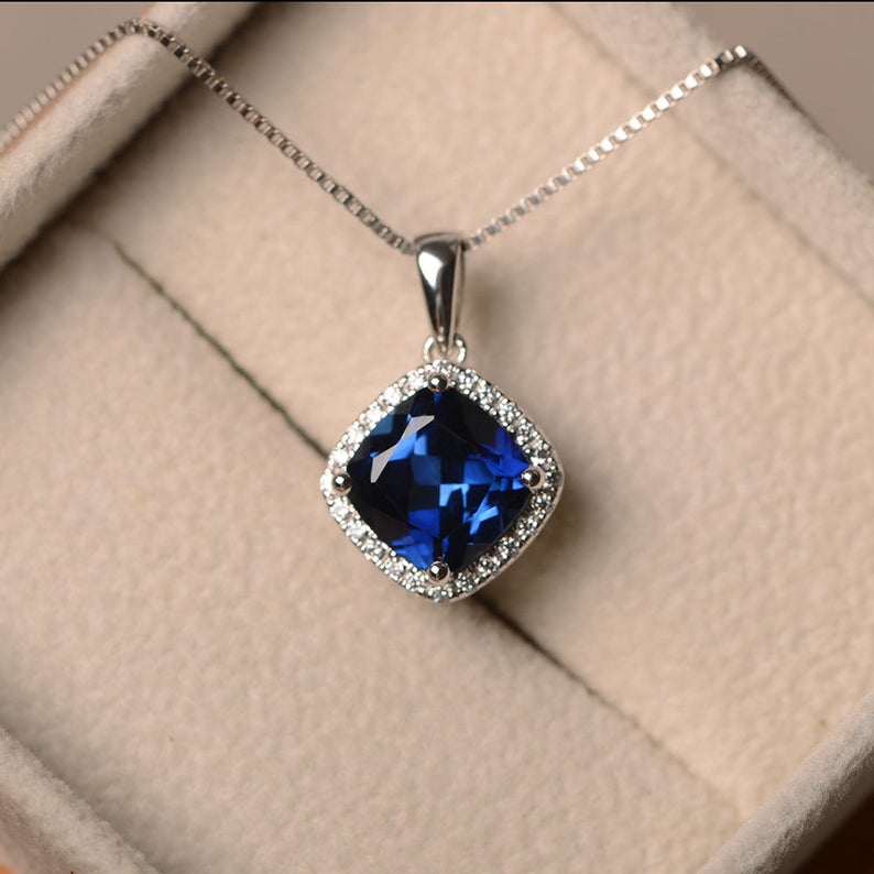 2.50 Ct Cushion Cut Blue Sapphire September Birthstone Pendant In 925 Sterling Silver