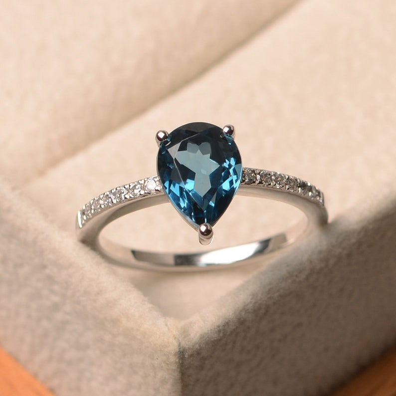 1.50 Ct Pear Cut London Blue Topaz 925 Sterling Silver Solitaire W/Accents Engagement Ring