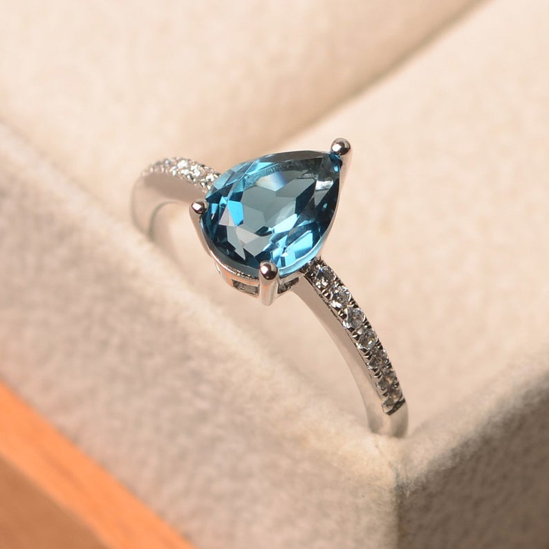 1.50 Ct Pear Cut London Blue Topaz 925 Sterling Silver Solitaire W/Accents Engagement Ring